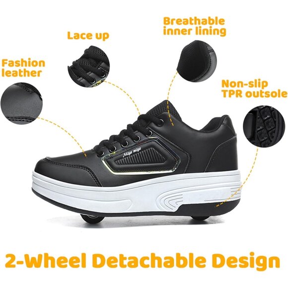 Kids Black Recharge Able Wheels Sneakers Fashion Roller Wheeled Skate Shoes - Picture 2 of 8